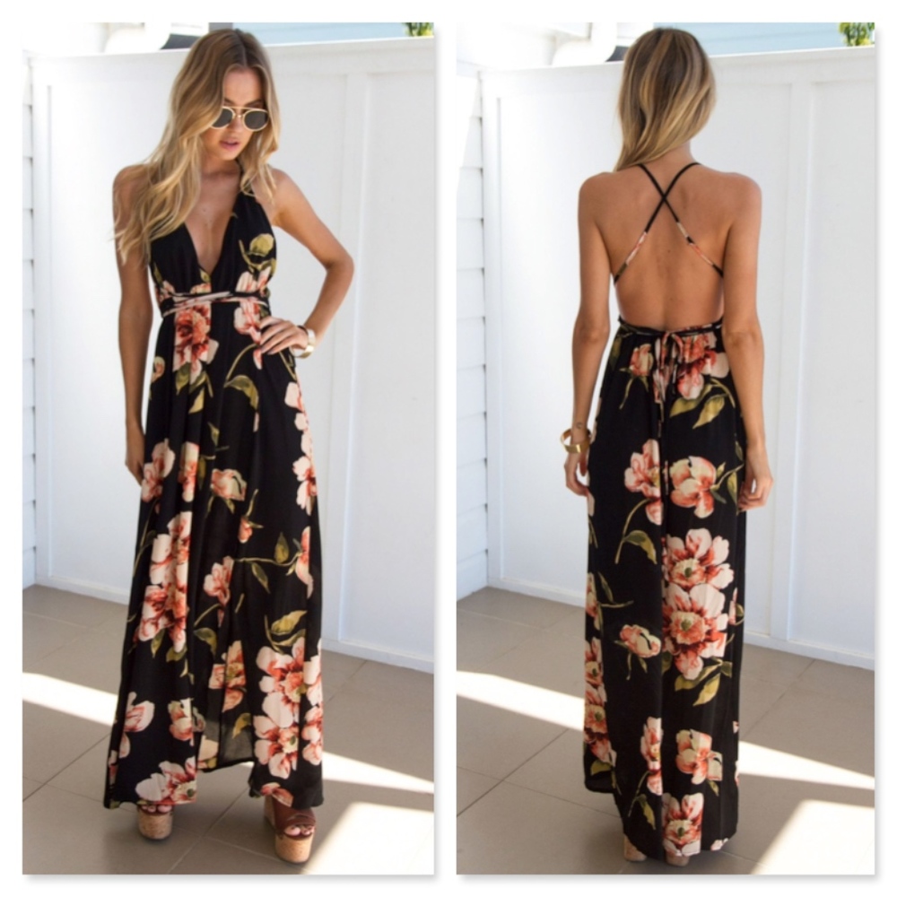 Boho Floral Backless Crisscross High Slit Dress - Picture 2 of 7